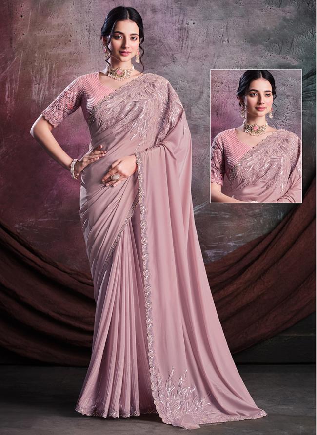Shimmer Crepe Silk Dusty Pink Wedding Wear Embroidery Work Saree